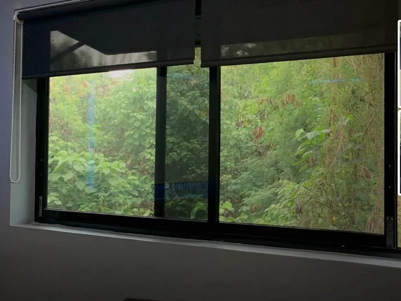 Jendela geser aluminium dua daun menghadap taman