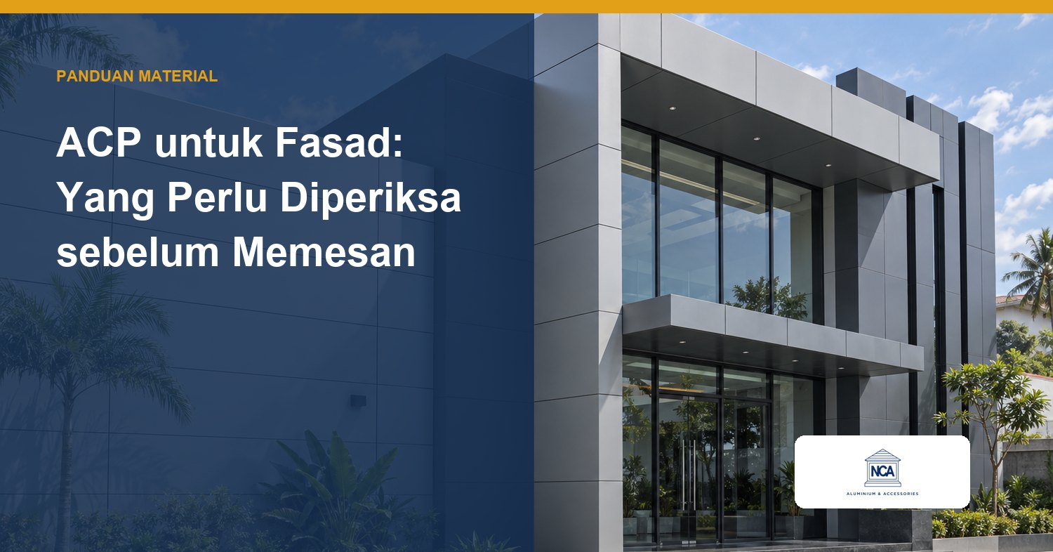 Fasad gedung berlapis panel ACP abu-abu metalik dan charcoal dengan nat rapi di antara panel