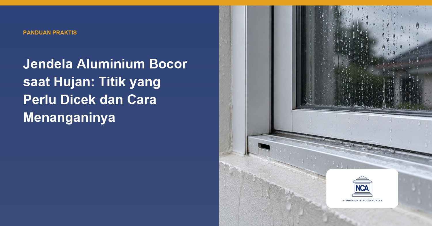 Rel bawah jendela geser aluminium putih yang basah terkena hujan, dengan lubang drainase terlihat di sisi luar kusen