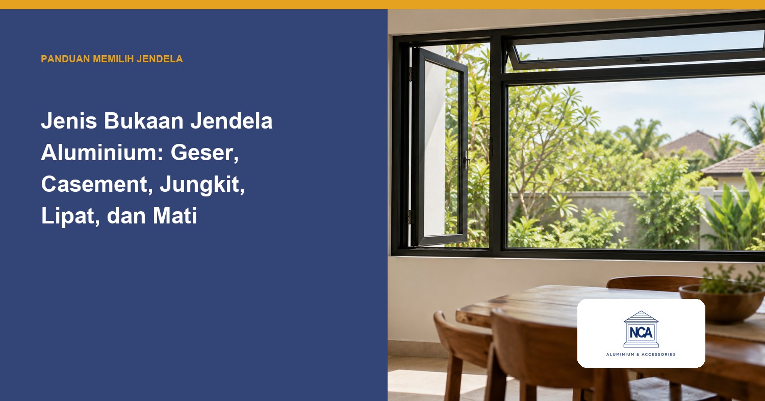 Jendela aluminium hitam dengan daun casement terbuka, panel kaca mati, dan jendela jungkit di bagian atas pada ruang makan