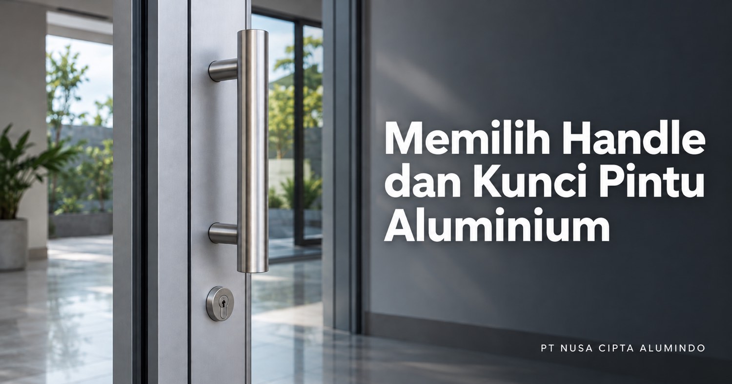 Handle tarik dan kunci pintu aluminium pada daun pintu aluminium di ruang pamer terang