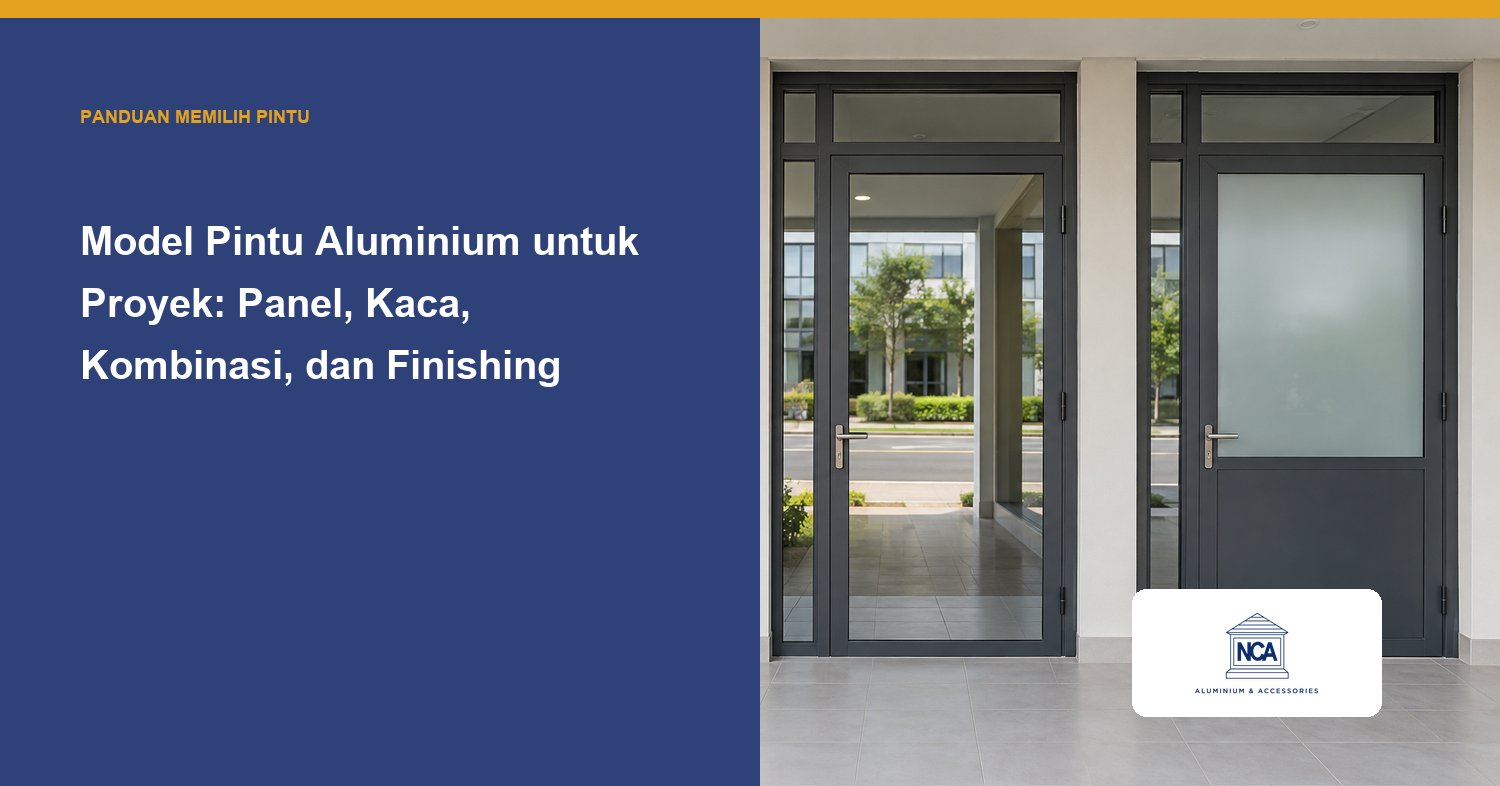 Pintu aluminium abu-abu gelap berdaun kaca penuh dan pintu berdaun kombinasi kaca buram dan panel pada teras ruko