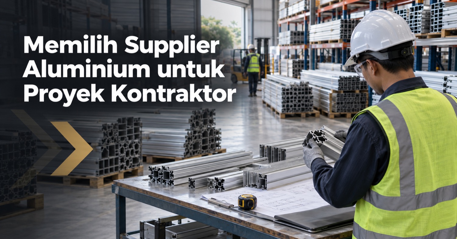 Kontraktor memeriksa penampang profil aluminium di gudang