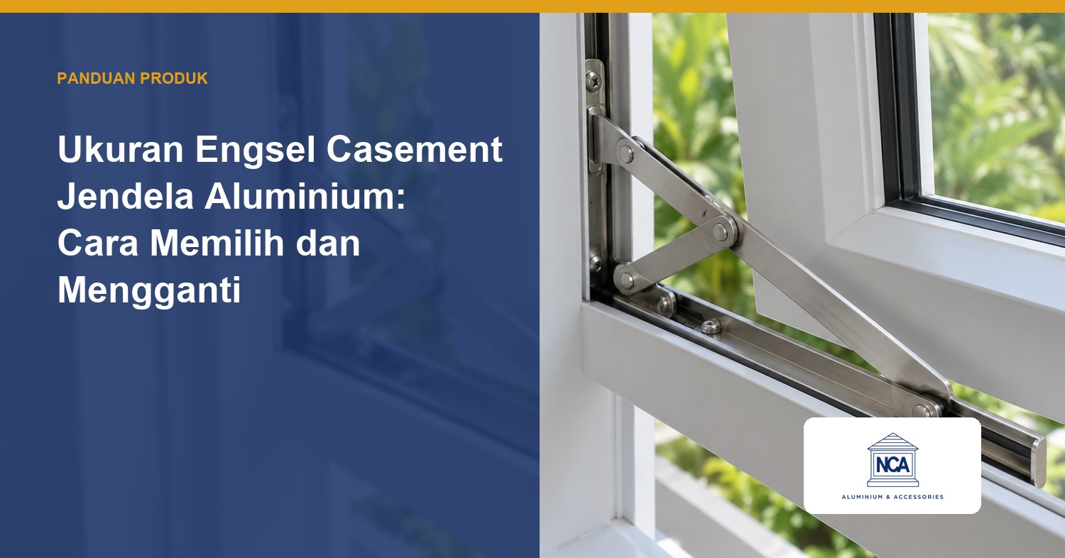 Engsel casement stainless terpasang di antara kusen dan daun jendela aluminium putih yang terbuka